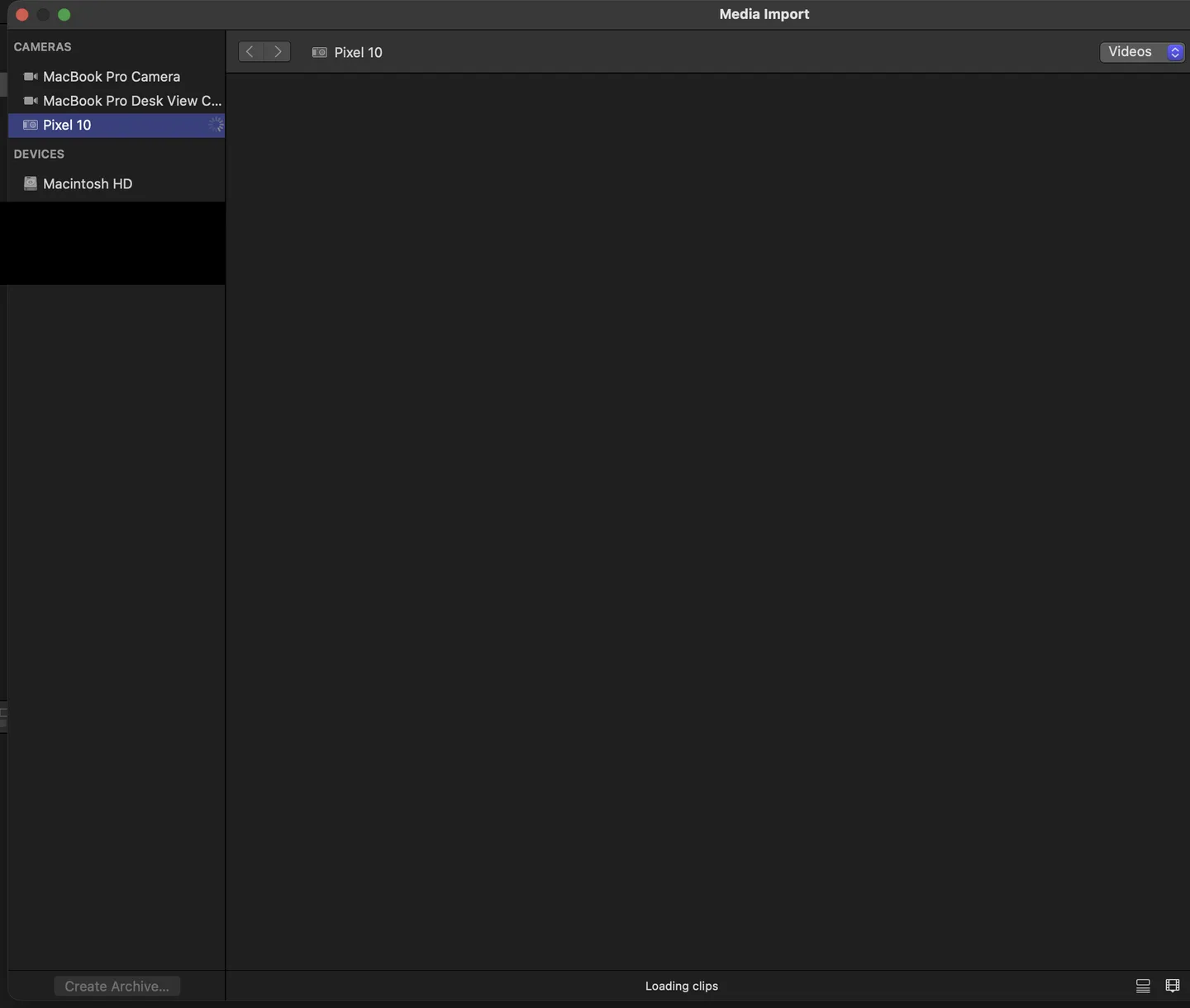 Final Cut Pro's Media Import window. A Pixel 10 is selected in the CAMERAS list with a spinner beside it, the clip area is empty, and the status line at the bottom of the window reads “Loading clips”.
