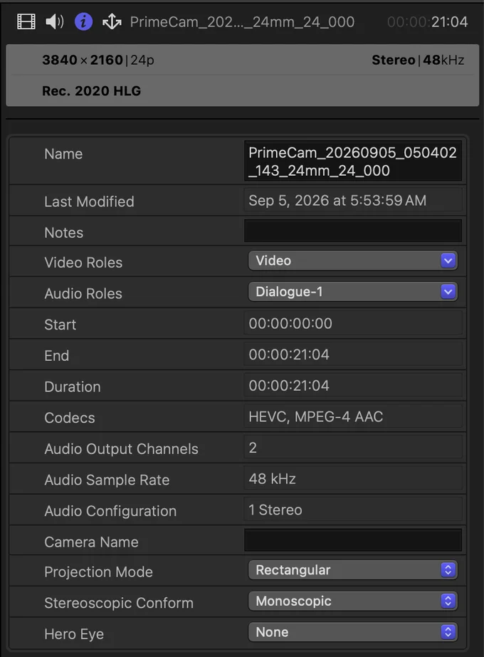 Final Cut Pro's Info inspector for a PrimeCam clip. The header reads 3840 × 2160, 24p, Stereo, 48 kHz, and beneath it Rec. 2020 HLG. The fields below list a duration of 21 seconds 4 frames and Codecs: HEVC, MPEG-4 AAC.