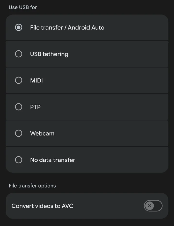Android USB Preferences screen. Under “Use USB for”, File transfer / Android Auto is selected, above USB tethering, MIDI, PTP, Webcam and No data transfer. Below, under “File transfer options”, a toggle labelled Convert videos to AVC is switched off.