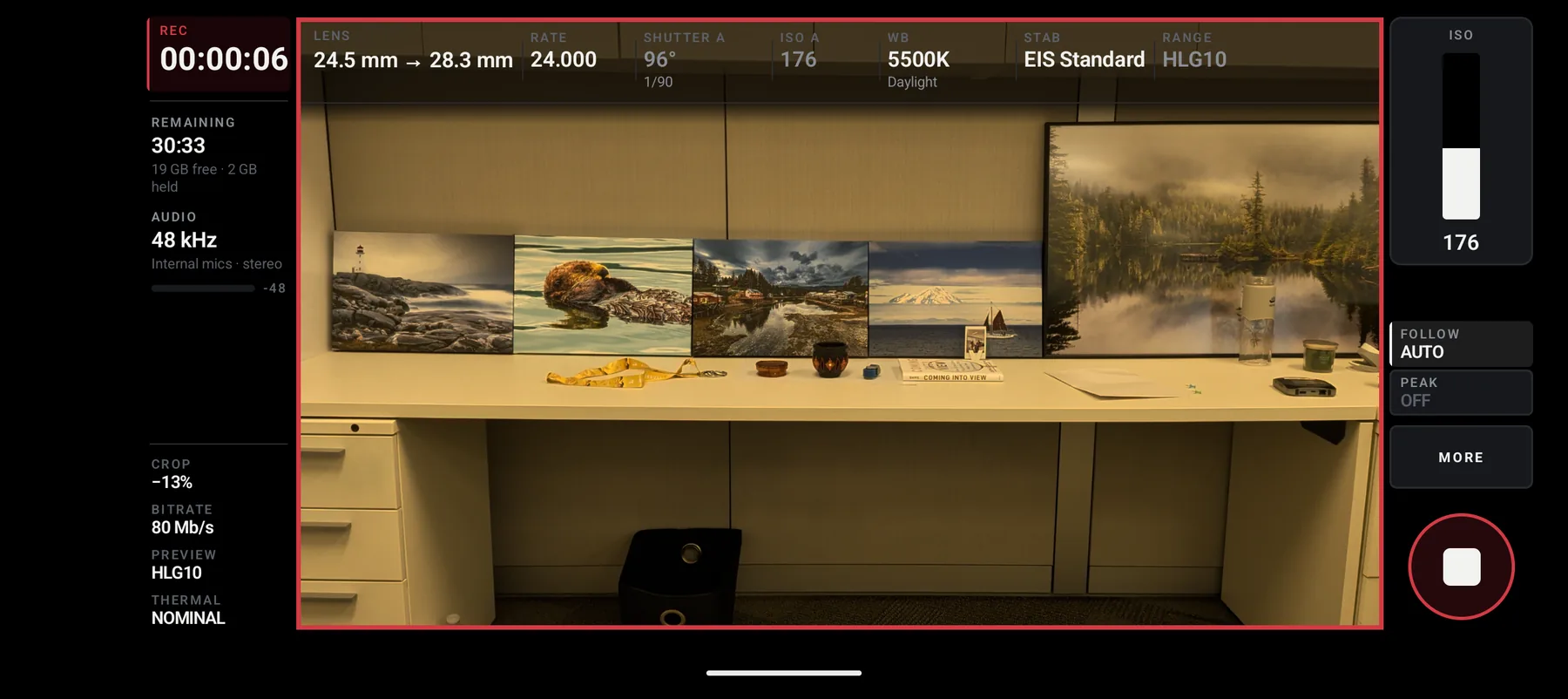 Recording in progress: a red border round the picture, REC 00:00:06, REMAINING 30:33,
                  and an ISO scrubber on the right showing 176.